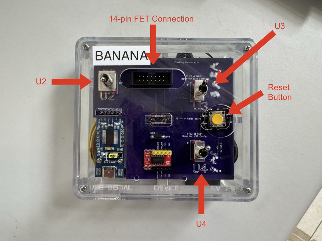 Top of Flash Module showing the 14-pin MSP-FET port, switches, and reset button